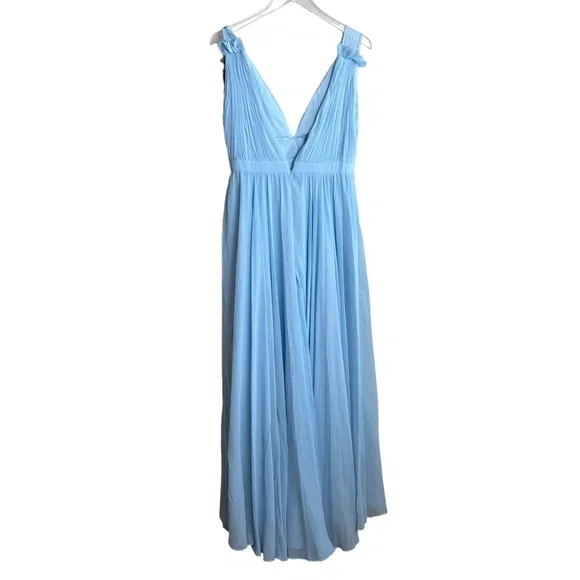 MAC DUGGAL | Powder Blue Grecian Gown Maxi Pleated Chiffon Sleeveless V Neck - Picture 3 of 6